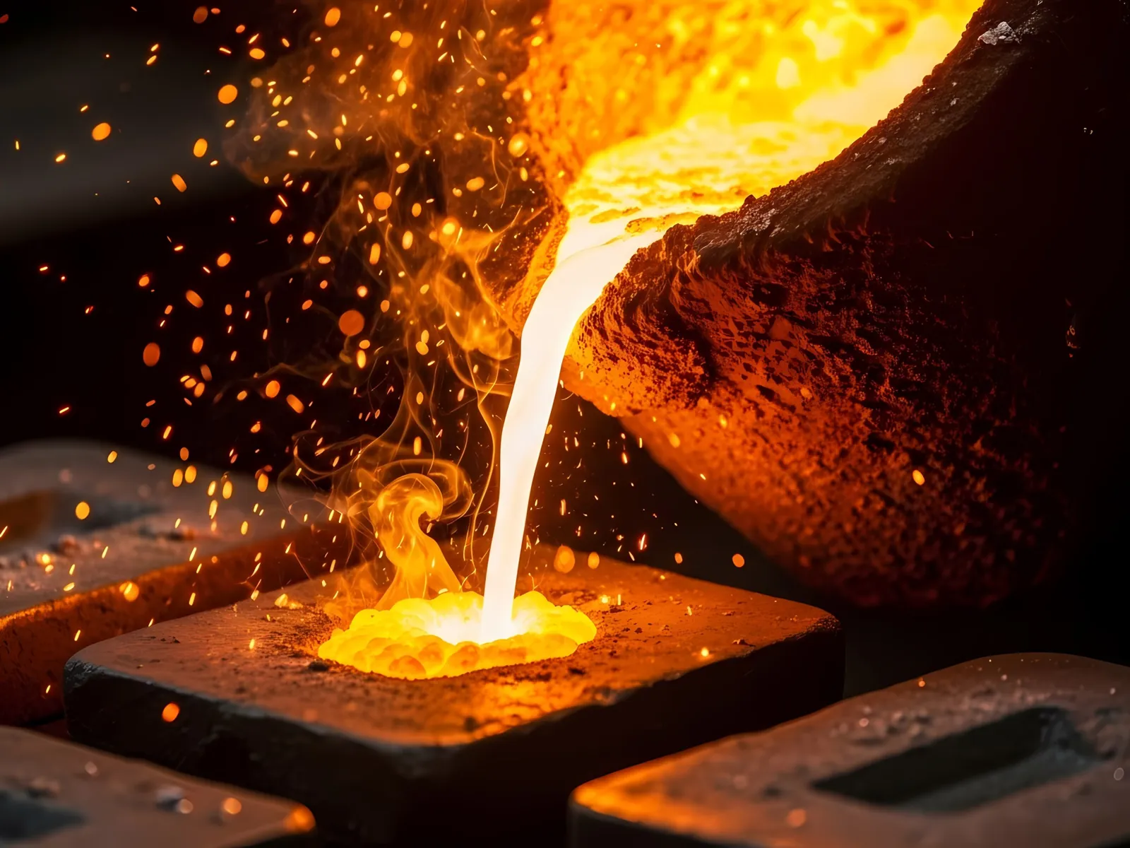 Molten metal pouring from a crucible into a mould, with sparks flying