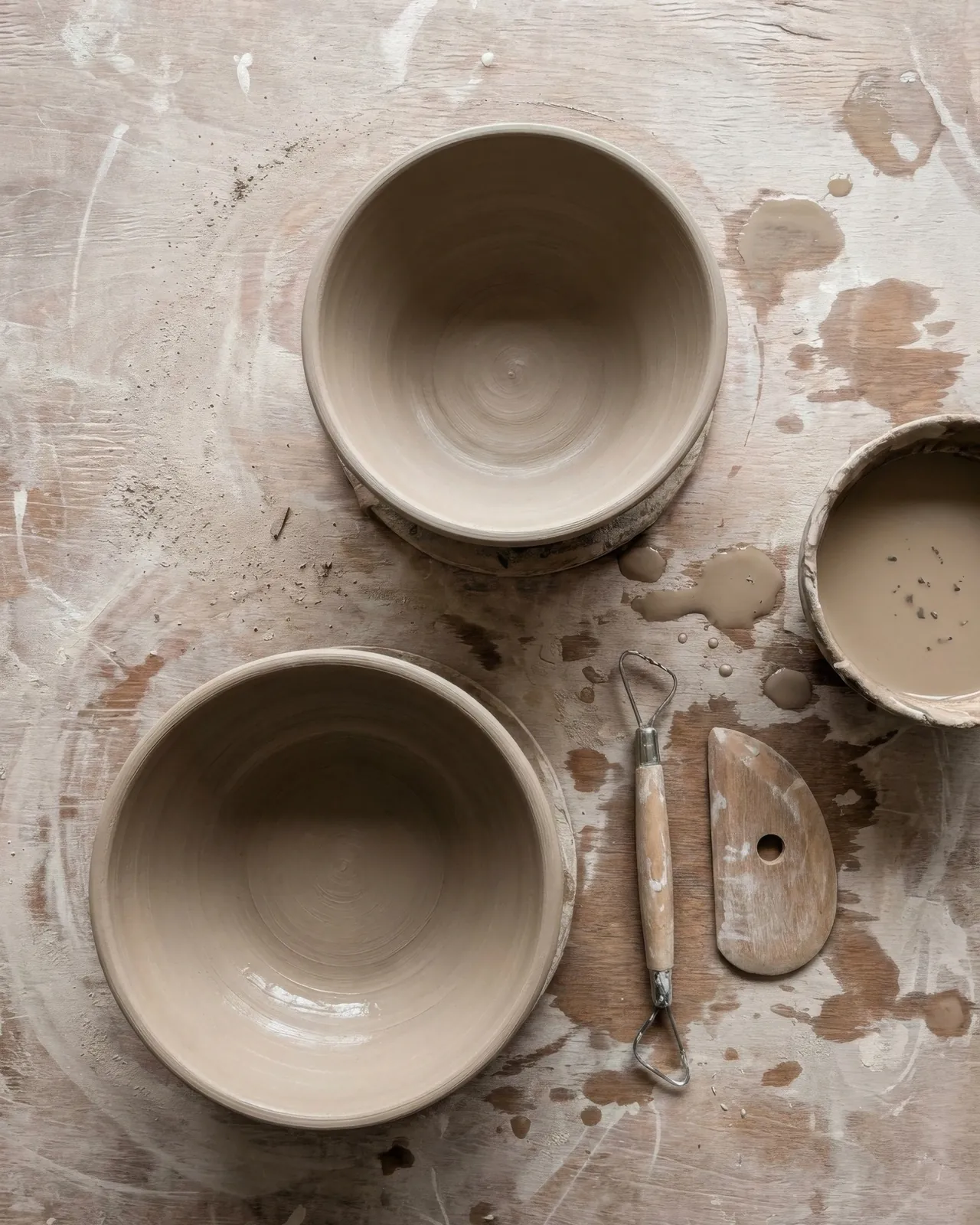 Two freshly made clay bowls and modelling tools on a studio workbench